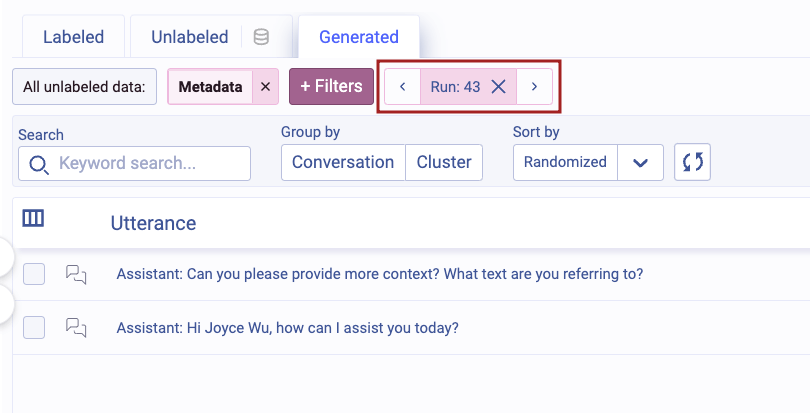 Generated data run filter